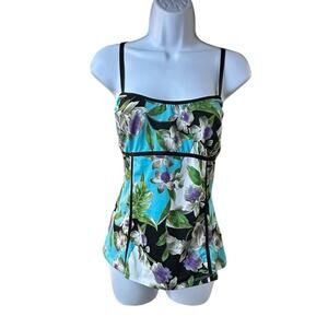 Cache Floral Cami Top Blue Green Bustier Style Corset Trim Y2K Glam L